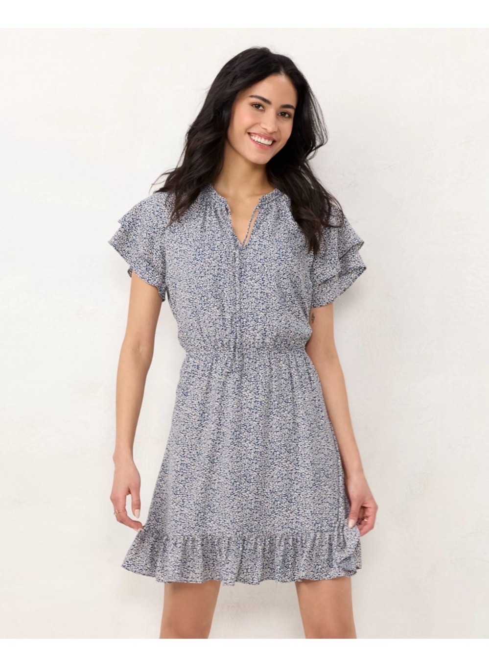 LC Lauren Conrad Blue Micro-Print Ruffle Mini Dress